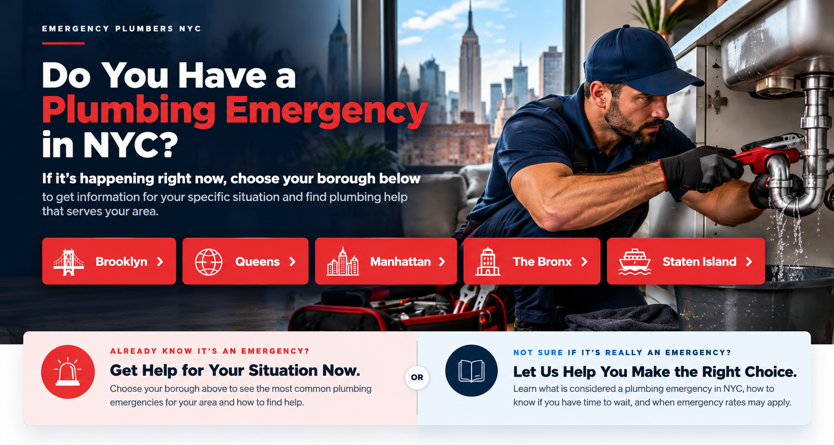Emergency plumber repairing a leaking pipe in a New York City apartment with borough options for Brooklyn, Queens, Manhattan, the Bronx, and Staten Island.
